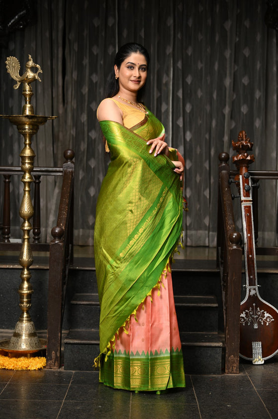Mahalakshmi ~ Gadwal Pure Silk Handloom Saree in Peach Orange and Leaf Green