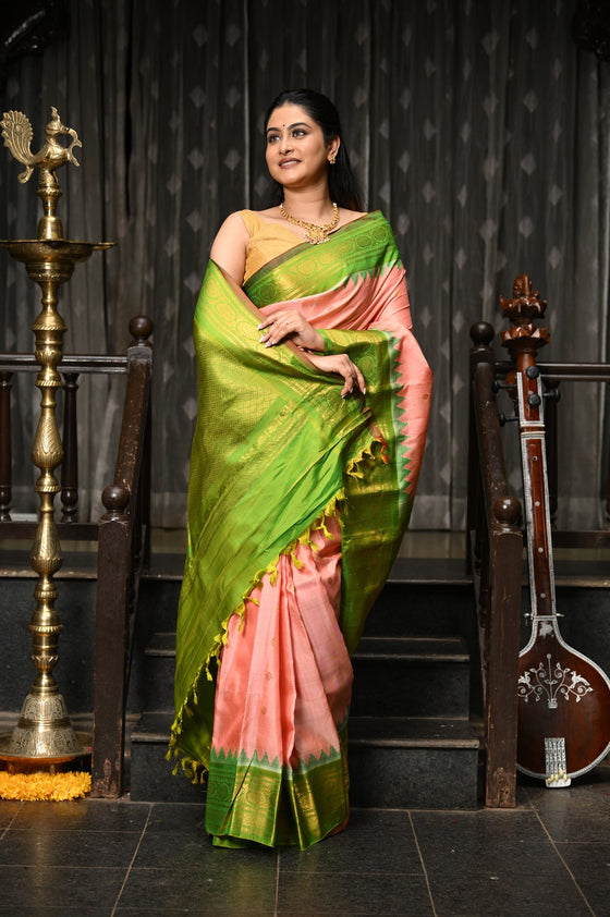 Mahalakshmi ~ Gadwal Pure Silk Handloom Saree in Peach Orange and Leaf Green