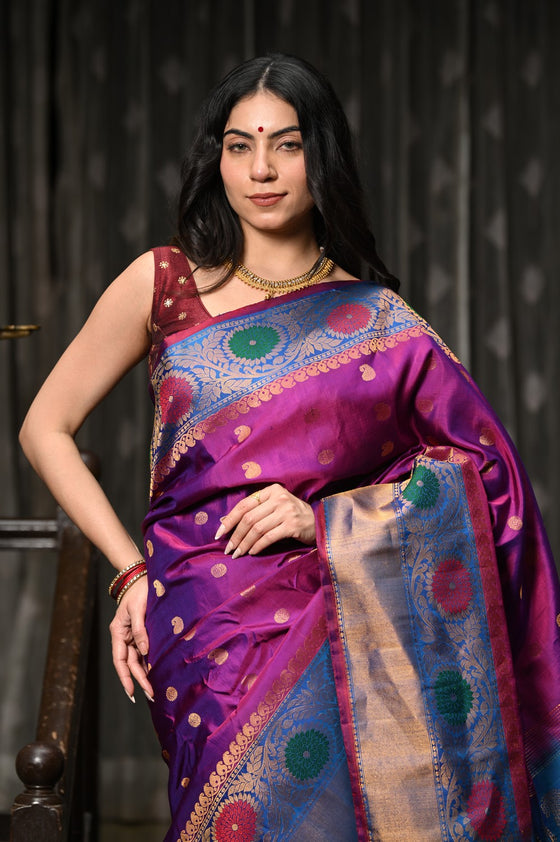Mahalakshmi ~ Gadwal Pure Silk Handloom Saree in Dual Tone Purple Pink with Beautiful Meena Work Border(Silk Mark)