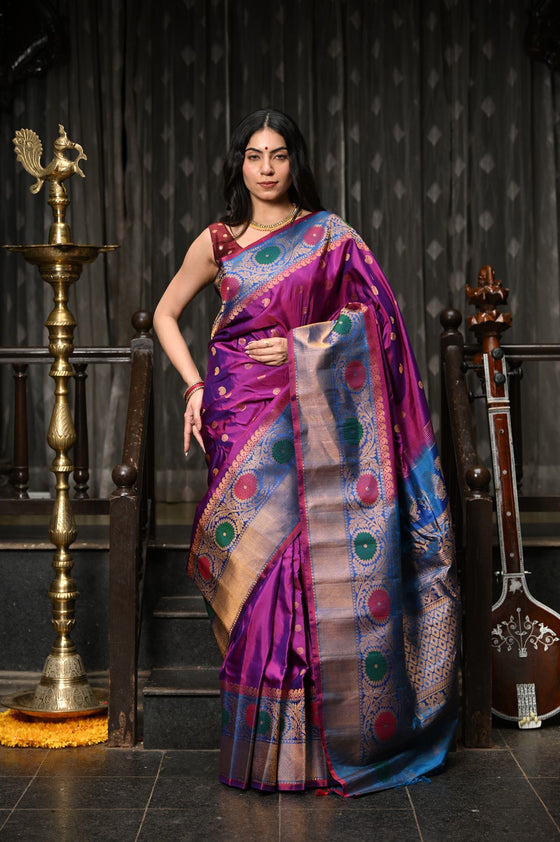 Mahalakshmi ~ Gadwal Pure Silk Handloom Saree in Dual Tone Purple Pink with Beautiful Meena Work Border(Silk Mark)