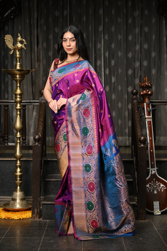 Mahalakshmi ~ Gadwal Pure Silk Handloom Saree in Dual Tone Purple Pink with Beautiful Meena Work Border(Silk Mark)