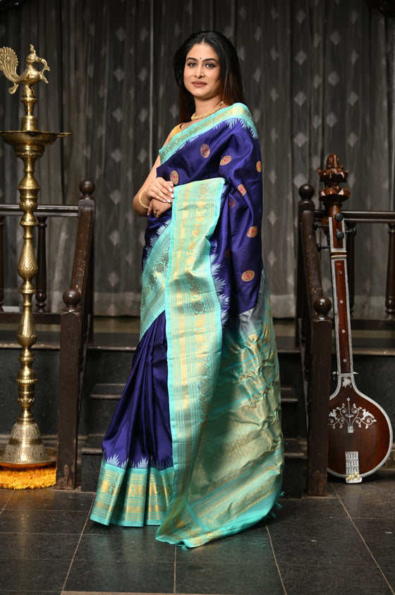 Mahalakshmi ~ Gadwal Pure Silk Handloom Saree in Royal Blue & Cyan Green