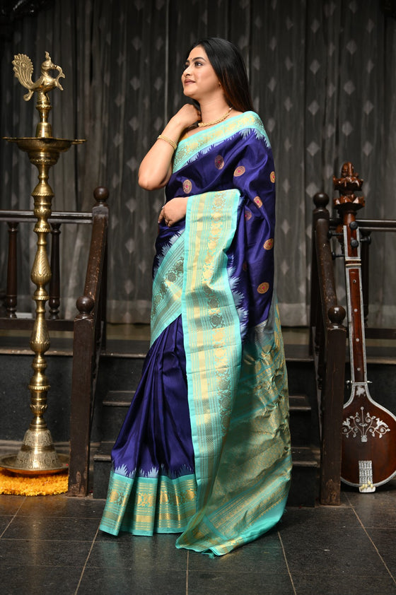 Mahalakshmi ~ Gadwal Pure Silk Handloom Saree in Royal Blue & Cyan Green