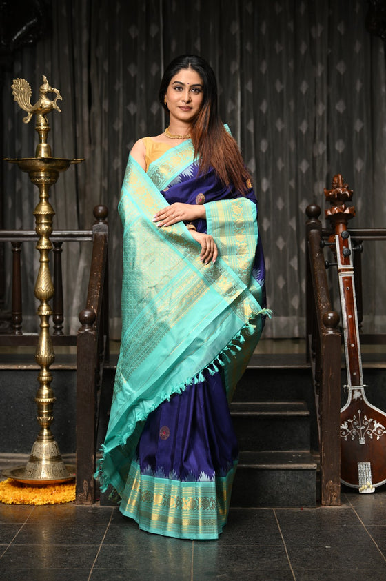 Mahalakshmi ~ Gadwal Pure Silk Handloom Saree in Royal Blue & Cyan Green