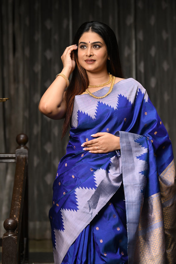 Mahalakshmi ~ Gadwal Pure Silk Handloom Saree with Temple Border in Marine Blue