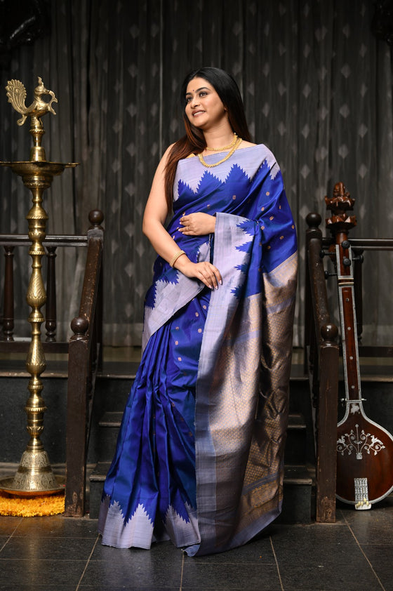 Mahalakshmi ~ Gadwal Pure Silk Handloom Saree with Temple Border in Marine Blue