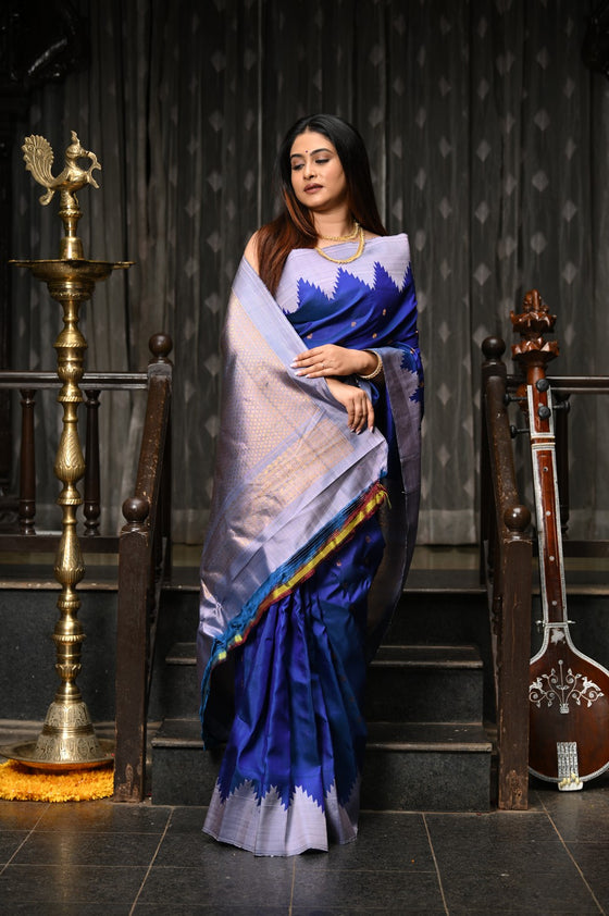Mahalakshmi ~ Gadwal Pure Silk Handloom Saree with Temple Border in Marine Blue
