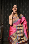 Mahalakshmi ~ Gadwal Pure Silk Handloom Saree with Temple Border in Pink & Cyan Blue
