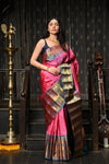 Mahalakshmi ~ Gadwal Pure Silk Handloom Saree with Temple Border in Pink & Cyan Blue
