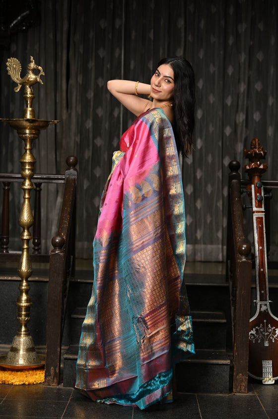 Mahalakshmi ~ Gadwal Pure Silk Handloom Saree with Temple Border in Pink & Cyan Blue