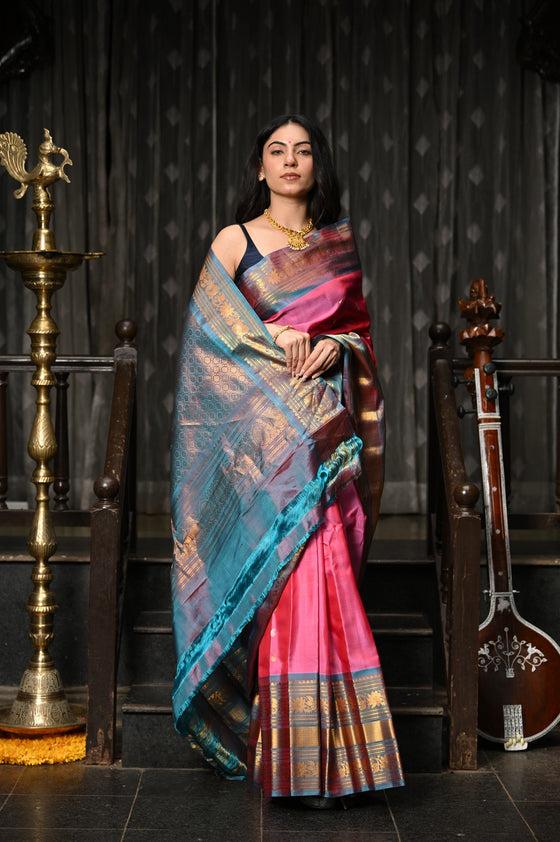 Mahalakshmi ~ Gadwal Pure Silk Handloom Saree with Temple Border in Pink & Cyan Blue