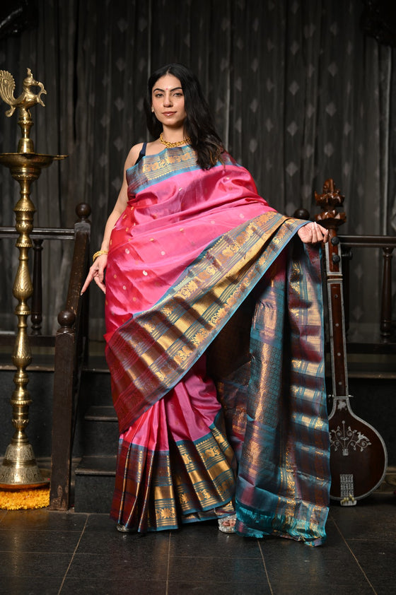 Mahalakshmi ~ Gadwal Pure Silk Handloom Saree with Temple Border in Pink & Cyan Blue