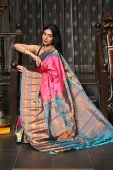  Mahalakshmi ~ Gadwal Pure Silk Handloom Saree with Temple Border in Pink & Cyan Blue