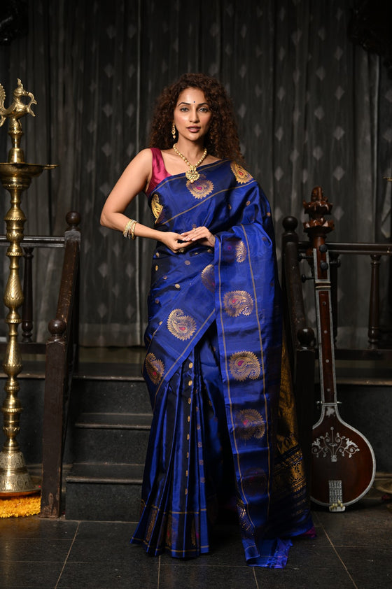 Mahalakshmi ~ Gadwal Pure Silk Handloom Saree in Marine Blue