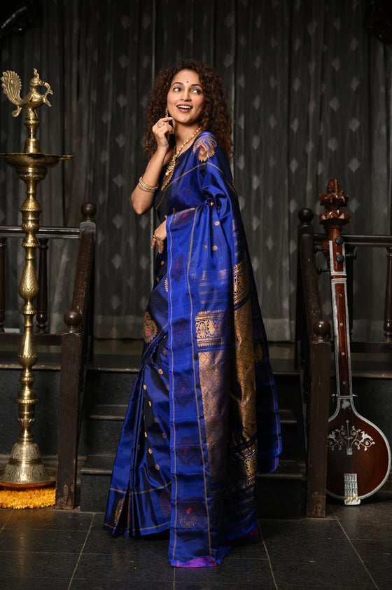 Mahalakshmi ~ Gadwal Pure Silk Handloom Saree in Marine Blue