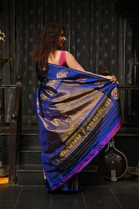 Mahalakshmi ~ Gadwal Pure Silk Handloom Saree in Marine Blue