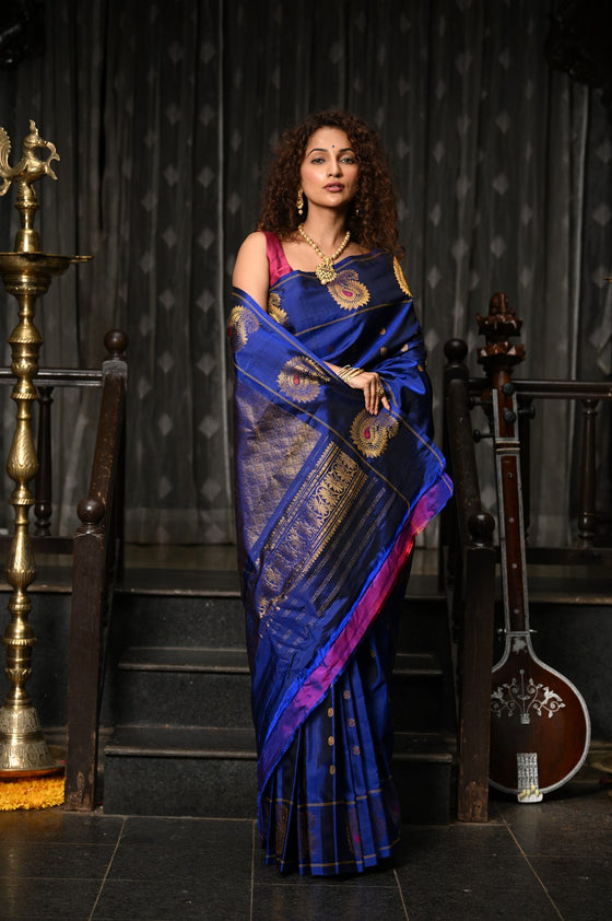 Mahalakshmi ~ Gadwal Pure Silk Handloom Saree in Marine Blue