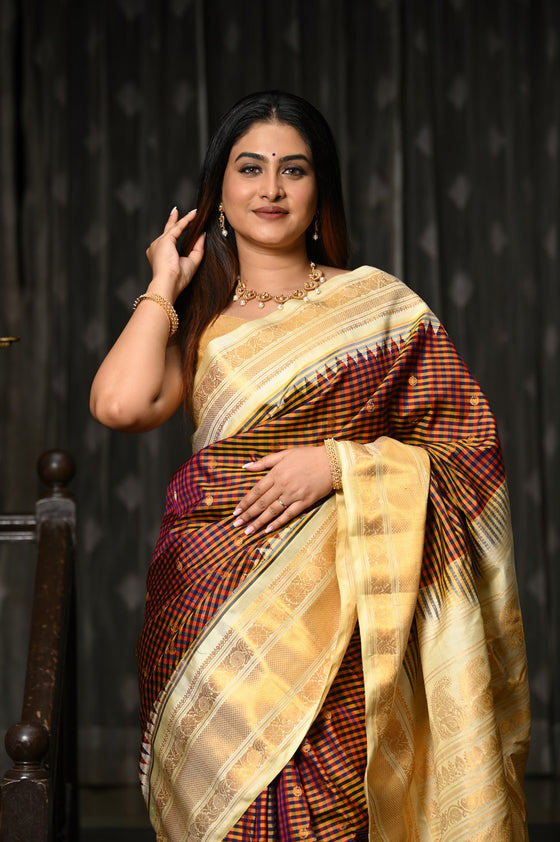 Mahalakshmi ~ Gadwal Pure Silk Handloom Saree with All Over Checks in Brown and Yellow