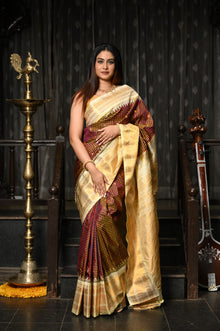  Mahalakshmi ~ Gadwal Pure Silk Handloom Saree with All Over Checks in Brown and Yellow