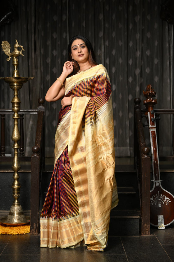Mahalakshmi ~ Gadwal Pure Silk Handloom Saree with All Over Checks in Brown and Yellow