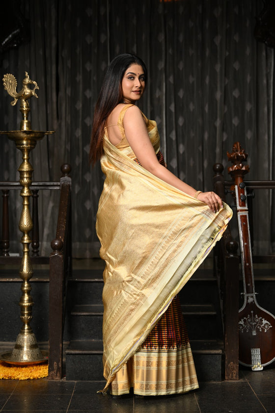 Mahalakshmi ~ Gadwal Pure Silk Handloom Saree with All Over Checks in Brown and Yellow