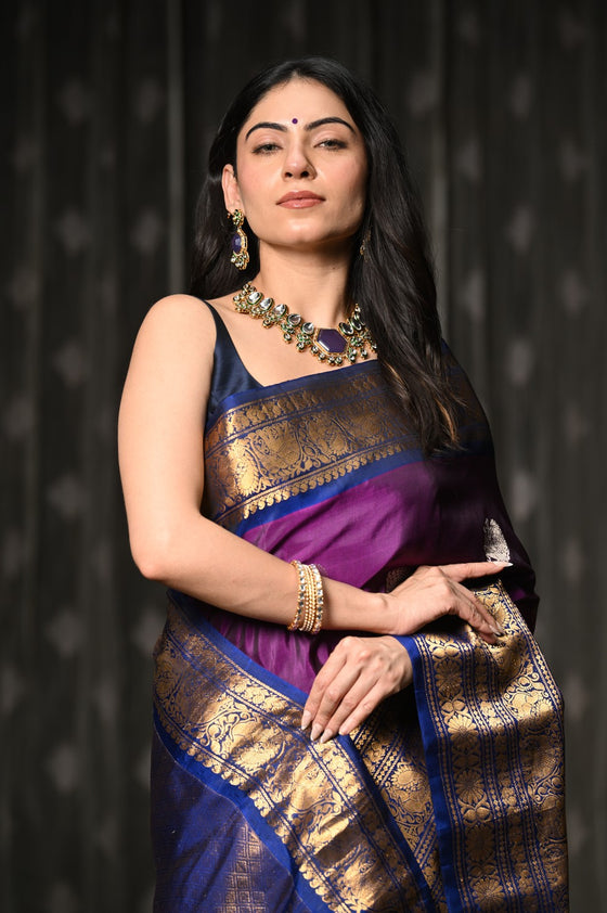 Mahalakshmi ~ Gadwal Pure Silk Handloom Saree in Purple and Dark Blue