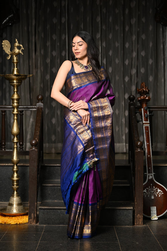 Mahalakshmi ~ Gadwal Pure Silk Handloom Saree in Purple and Dark Blue