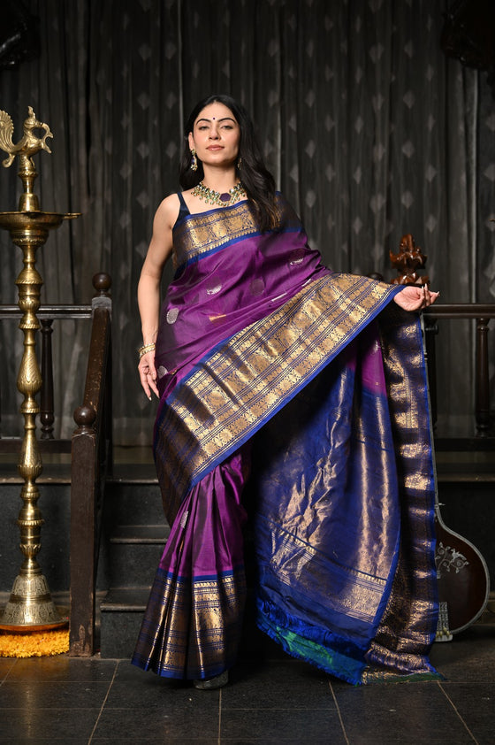 Mahalakshmi ~ Gadwal Pure Silk Handloom Saree in Purple and Dark Blue