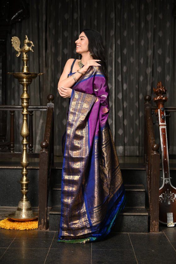 Mahalakshmi ~ Gadwal Pure Silk Handloom Saree in Purple and Dark Blue