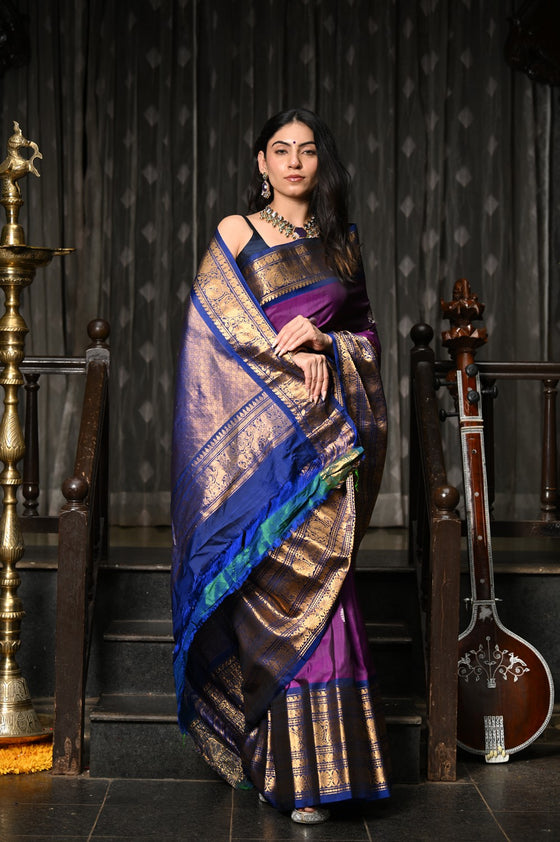 Mahalakshmi ~ Gadwal Pure Silk Handloom Saree in Purple and Dark Blue