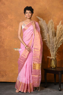  Mastaani ~ Handloom Pure Cotton Linen Saree With Golden Border - Pink