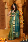 Gaurangi ~ Handloom Cotton Silk Saree with  Golden Border in Exclusive Dual Tone Blue Green