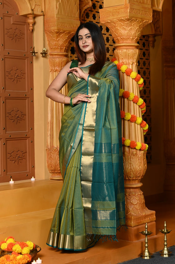 Gaurangi ~ Handloom Cotton Silk Saree with  Golden Border in Exclusive Dual Tone Blue Green