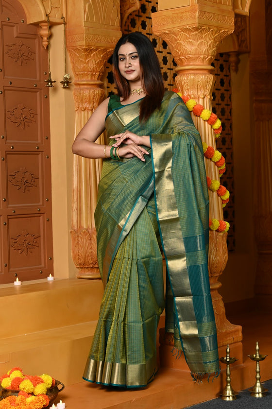 Gaurangi ~ Handloom Cotton Silk Saree with  Golden Border in Exclusive Dual Tone Blue Green