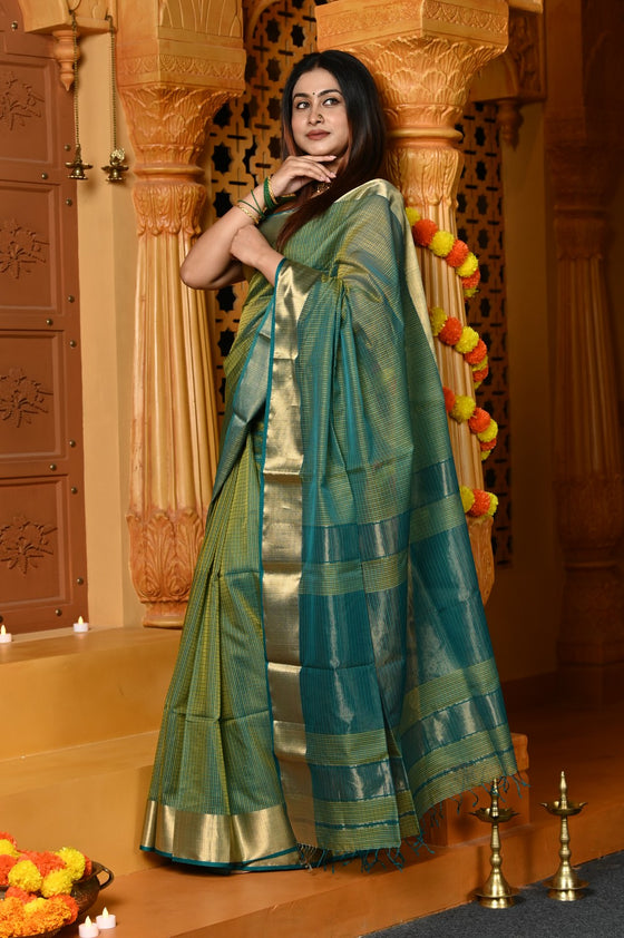 Gaurangi ~ Handloom Cotton Silk Saree with  Golden Border in Exclusive Dual Tone Blue Green