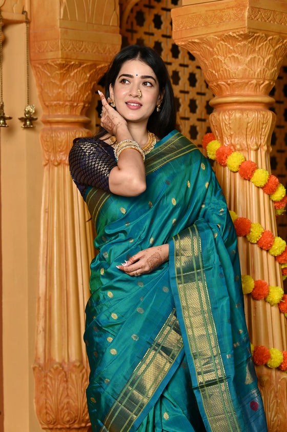 Gaurangi ~ Handloom Pure Silk Maharani Paithani with Majestic Maharani Pallu in Turquoise Blue