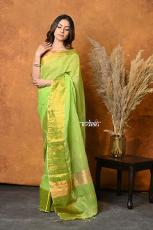  Mastaani ~ Handloom Pure Cotton Linen Saree With Golden Border - Green