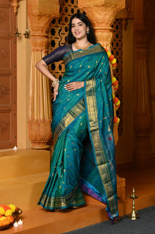  Gaurangi ~ Handloom Pure Silk Maharani Paithani with Majestic Maharani Pallu in Turquoise Blue