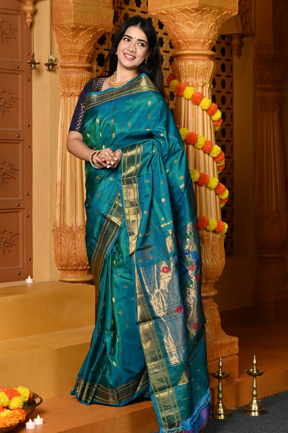 Gaurangi ~ Handloom Pure Silk Maharani Paithani with Majestic Maharani Pallu in Turquoise Blue