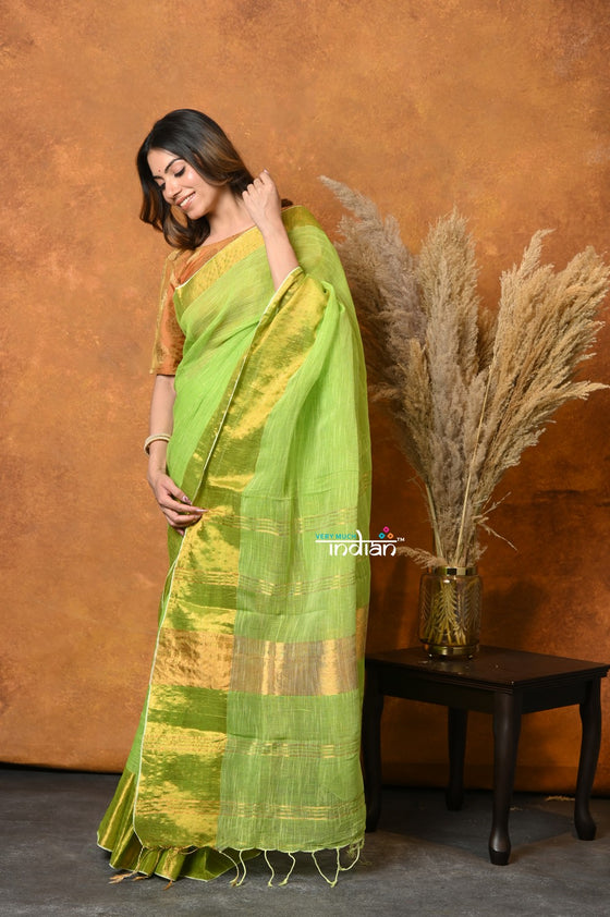 Mastaani ~ Handloom Pure Cotton Linen Saree With Golden Border - Green
