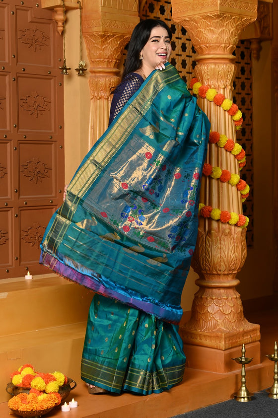 Gaurangi ~ Handloom Pure Silk Maharani Paithani with Majestic Maharani Pallu in Turquoise Blue