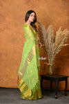 Mastaani ~ Handloom Pure Cotton Linen Saree With Golden Border - Green
