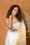 Mastaani ~ Handloom Pure Cotton Linen Saree With Golden Border - White