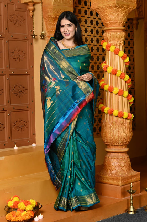 Gaurangi ~ Handloom Pure Silk Maharani Paithani with Majestic Maharani Pallu in Turquoise Blue