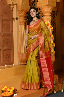  Gaurangi ~ Handloom Cotton Silk Saree with  Golden Border in Exclusive Dual Tone Green Red