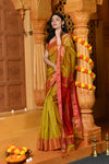 Gaurangi ~ Handloom Cotton Silk Saree with  Golden Border in Exclusive Dual Tone Green Red