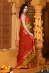 Gaurangi ~ Handloom Cotton Silk Saree with  Golden Border in Exclusive Dual Tone Green Red