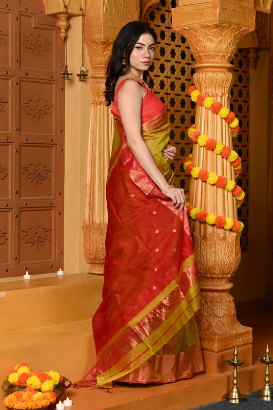 Gaurangi ~ Handloom Cotton Silk Saree with  Golden Border in Exclusive Dual Tone Green Red