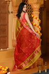 Gaurangi ~ Handloom Cotton Silk Saree with  Golden Border in Exclusive Dual Tone Green Red
