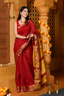  Gaurangi ~ Handloom Cotton Silk with Sleek Designer Border in Red Yellow